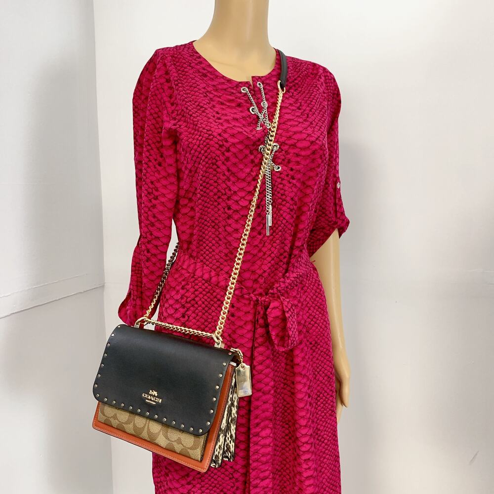 Coach Black and Brown Signature Canvas Crossbody Bag with Gold Chain